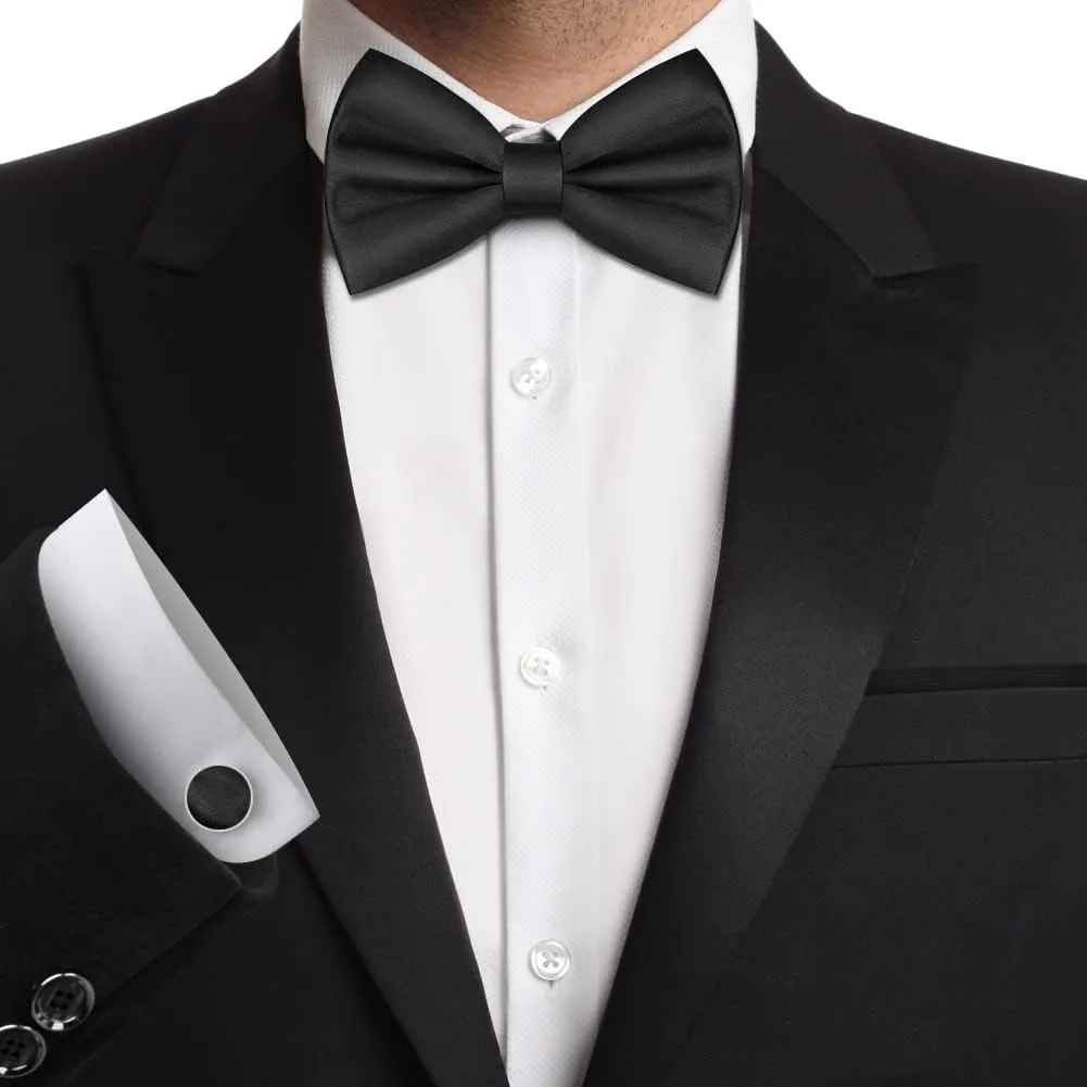 Men's Bow Tie Set, Classic Solid Color Pre-Tied Bow Tie and Pocket Square Cufflink Set for Men, Satin Tux Bowtie & Handkerchief, Formal Bowtie for Wedding Graduation Mother Gifts(Black)