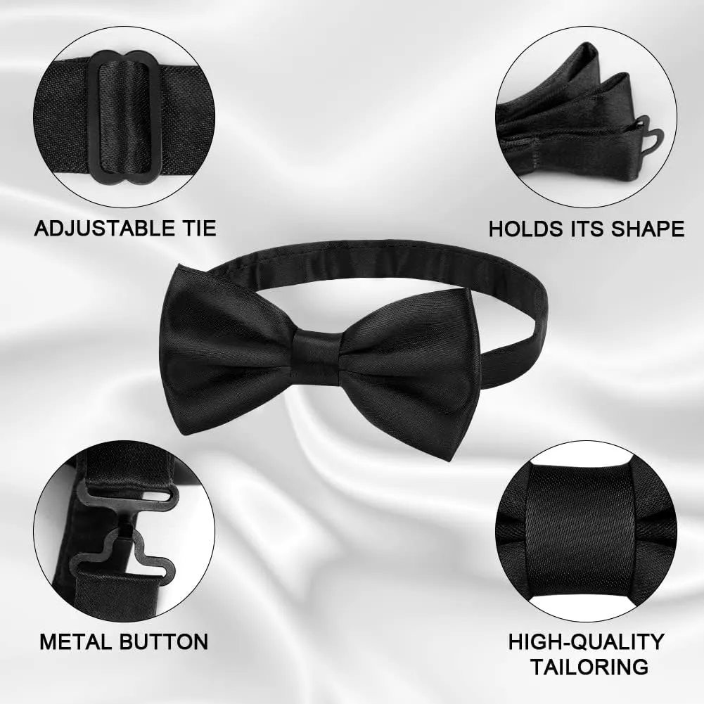 Men's Bow Tie Set, Classic Solid Color Pre-Tied Bow Tie and Pocket Square Cufflink Set for Men, Satin Tux Bowtie & Handkerchief, Formal Bowtie for Wedding Graduation Mother Gifts(Black)