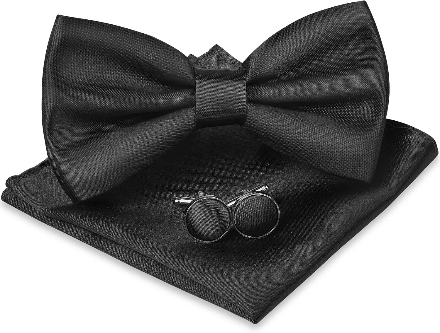 Men's Bow Tie Set, Classic Solid Color Pre-Tied Bow Tie and Pocket Square Cufflink Set for Men, Satin Tux Bowtie & Handkerchief, Formal Bowtie for Wedding Graduation Mother Gifts(Black)