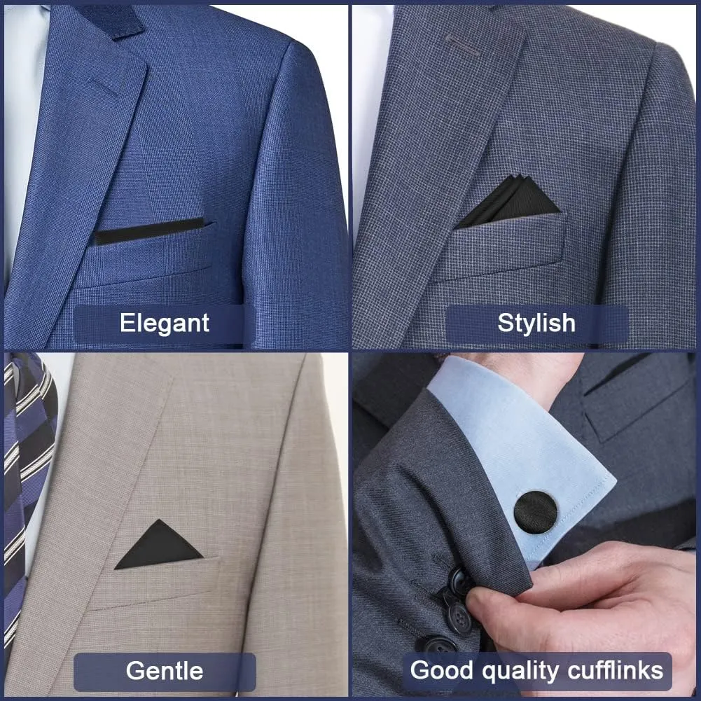 Men's Bow Tie Set, Classic Solid Color Pre-Tied Bow Tie and Pocket Square Cufflink Set for Men, Satin Tux Bowtie & Handkerchief, Formal Bowtie for Wedding Graduation Mother Gifts(Black)
