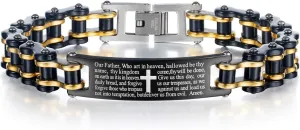 Mens Bracelet Stainless Steel 12.5mm Motorcycle Bicycle Biker Chain Bracelet Lords Prayer Cross Christian Religious Jewelry, 9inches