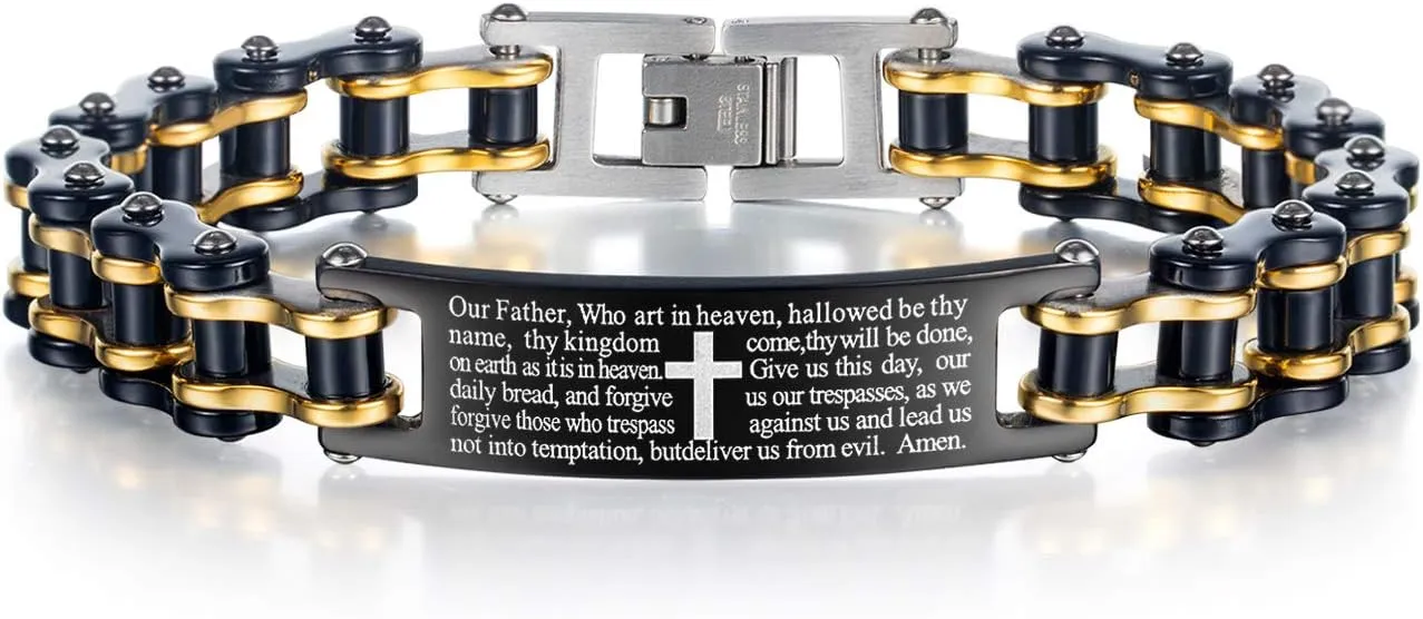 Mens Bracelet Stainless Steel 12.5mm Motorcycle Bicycle Biker Chain Bracelet Lords Prayer Cross Christian Religious Jewelry, 9inches