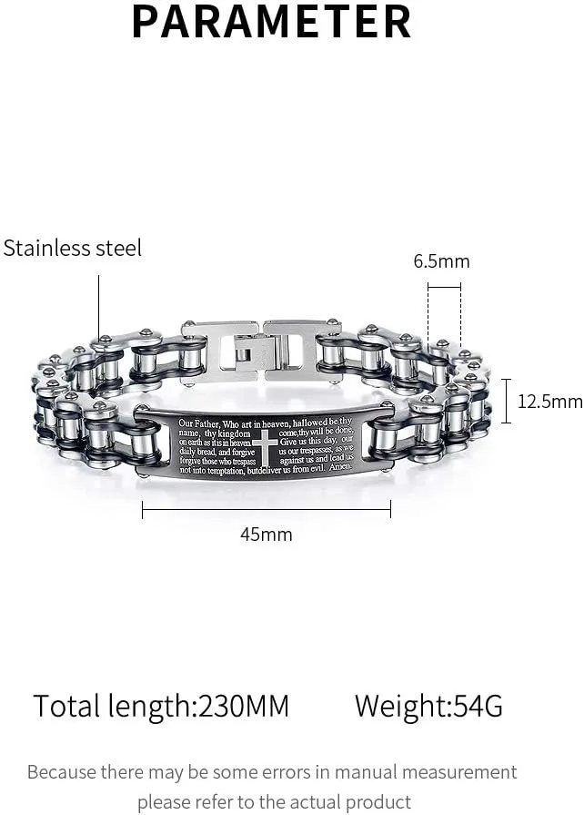 Mens Bracelet Stainless Steel 12.5mm Motorcycle Bicycle Biker Chain Bracelet Lords Prayer Cross Christian Religious Jewelry, 9inches