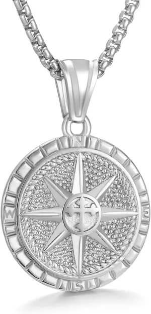 Men's Compass Pendant Necklace, Circle Vintage Coin Stainless Steel Compass Necklace Navigator Forged for Male Talisman Travel Jewelry, Inspirational Graduation Gifts (Gifts Box)