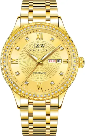 Mens Full Gold Watch,Automatic Mechanical Gilded Steel Self-Wind Sapphire Glass Dress Waterproof Watch Diamond Business Stainless Steel Waterproof Luminous Date Two Tone Luxury Casual Wrist Watch
