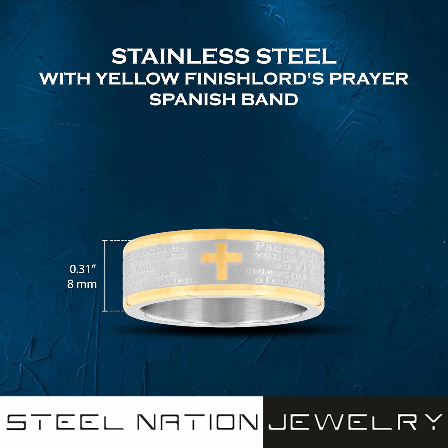 Men's Stainless Steel Band with Lord's Prayer in Spanish (Yellow Tone Finish) Faith in Style