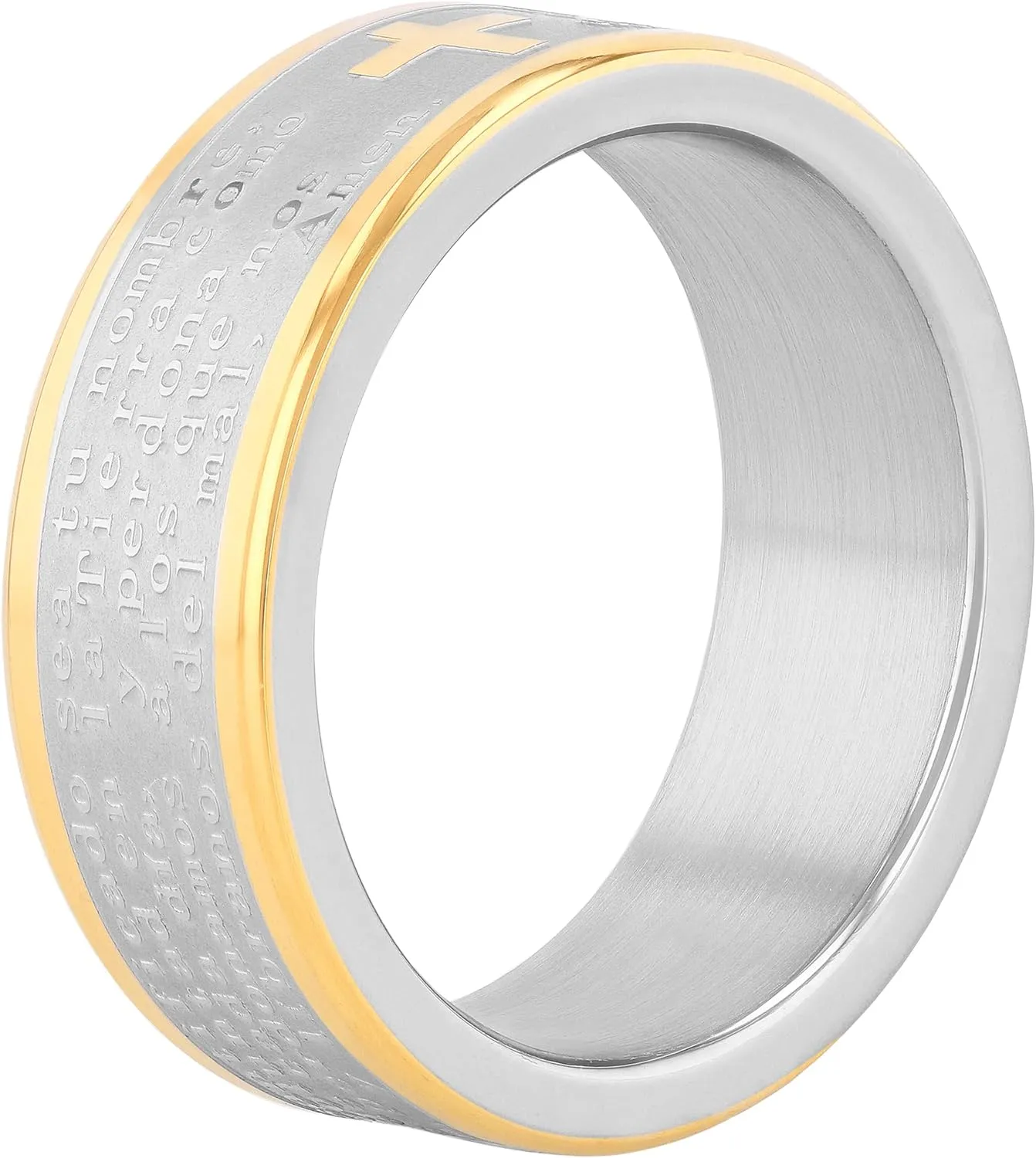 Men's Stainless Steel Band with Lord's Prayer in Spanish (Yellow Tone Finish) Faith in Style