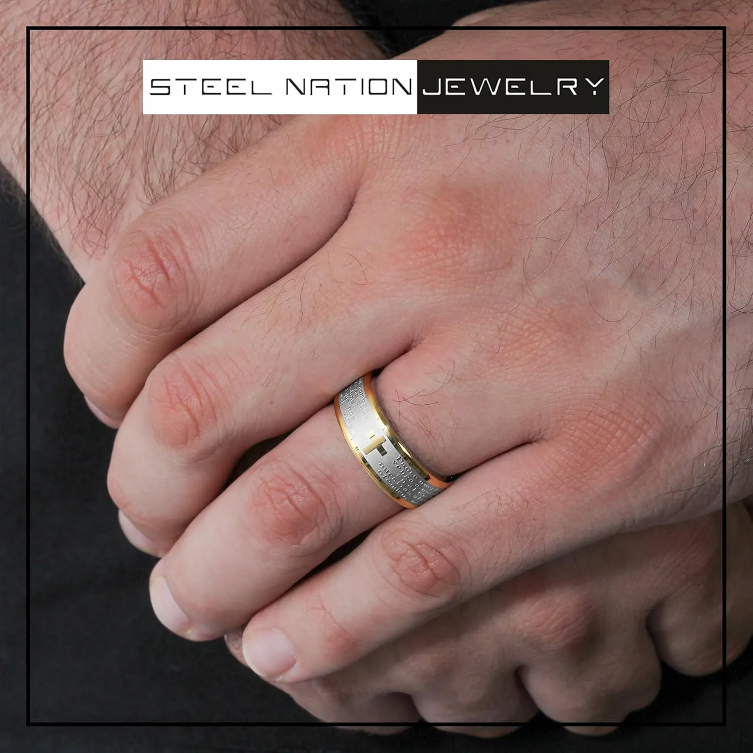Men's Stainless Steel Band with Lord's Prayer in Spanish (Yellow Tone Finish) Faith in Style