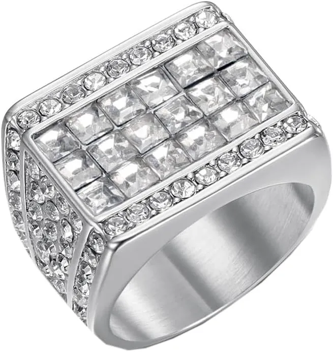 Men's Stainless Steel Creative Vintage Square Zirconia Ring Hip Hop Style