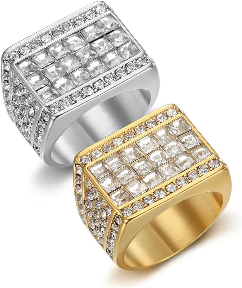 Men's Stainless Steel Creative Vintage Square Zirconia Ring Hip Hop Style