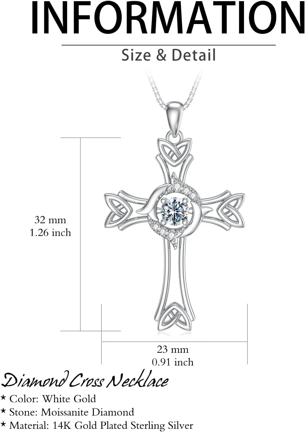 Moissanite Diamond Cross Necklace for Women, 14K Gold Plated Sterling Silver Crucifix/Celtic/Star of David Cross Pendant Necklace Faith Jewelry Birthday Christmas Gift for Her Mom Wife, 18 2