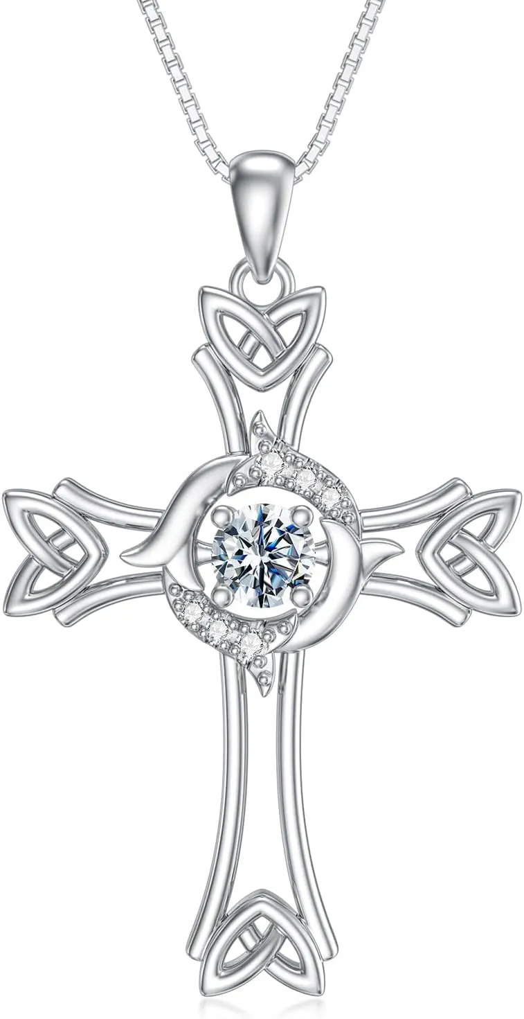Moissanite Diamond Cross Necklace for Women, 14K Gold Plated Sterling Silver Crucifix/Celtic/Star of David Cross Pendant Necklace Faith Jewelry Birthday Christmas Gift for Her Mom Wife, 18 2