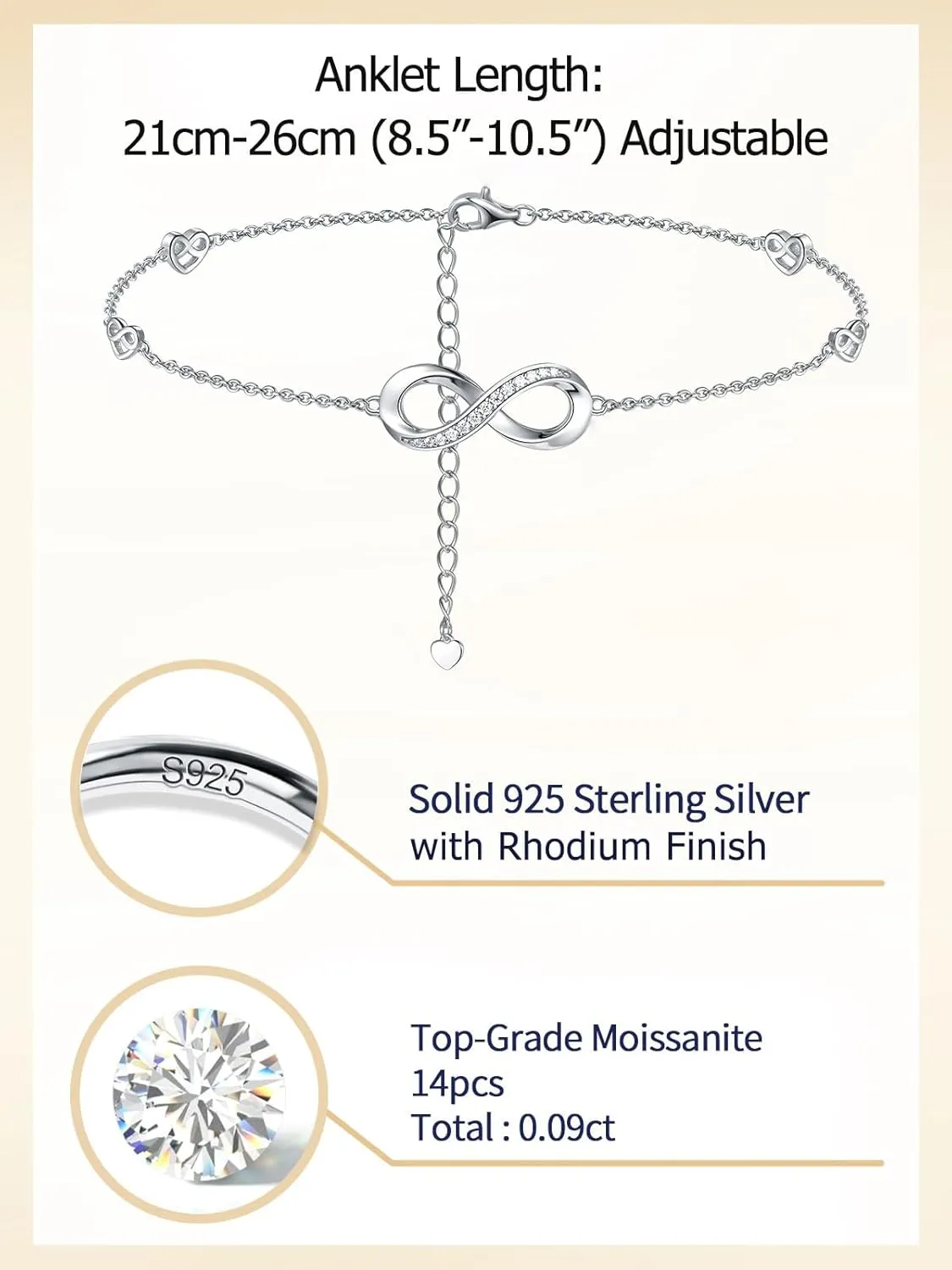 Moissanite Infinity Bracelet/Anklet for Women, Real Authentic 925 Sterling Silver Hypoallergenic, Beautiful Summer Jewelry, Bracelet: 5.8-7.8inch(15-19cm), Anklet: 8.6-10.6inch(21-26cm), Adjustable