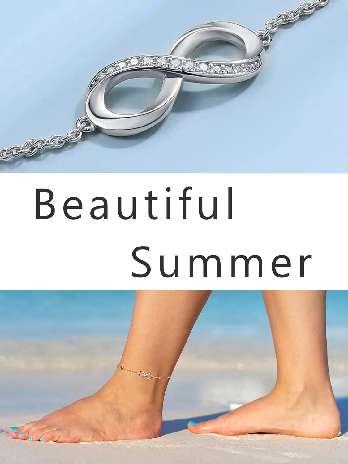 Moissanite Infinity Bracelet/Anklet for Women, Real Authentic 925 Sterling Silver Hypoallergenic, Beautiful Summer Jewelry, Bracelet: 5.8-7.8inch(15-19cm), Anklet: 8.6-10.6inch(21-26cm), Adjustable