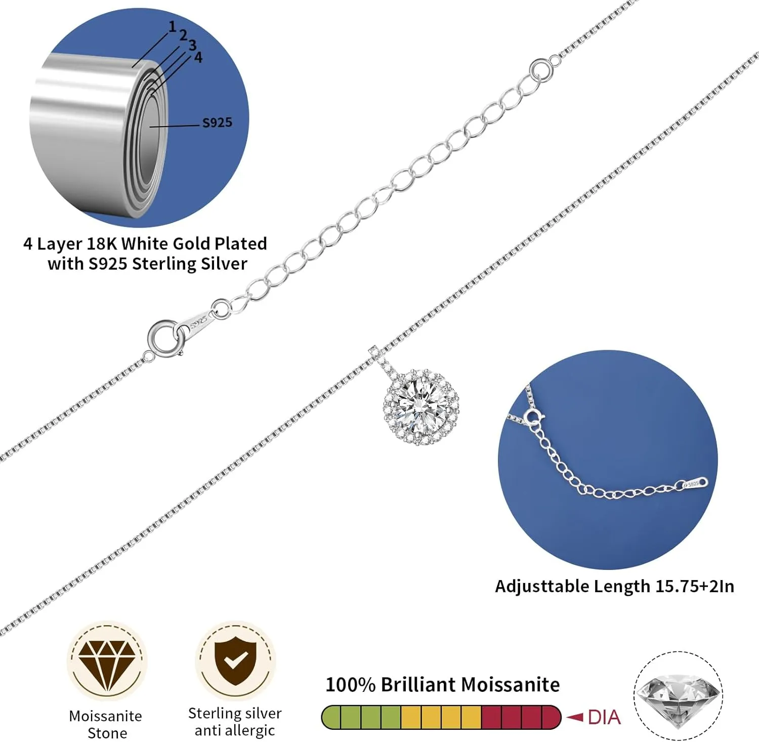 Moissanite Necklace for Women, 0.3-1 CT Adjustable 925 Sterling Silver Pendant Necklace with GRA Certificate, Moissanite Pendant Necklace for Women for Mom Wife Women Jewelry Box Packed Gifts