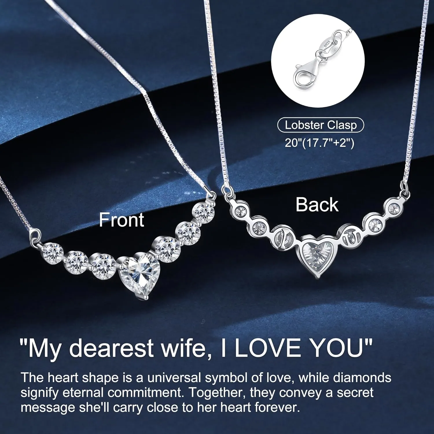 Moissanite Necklace for Women, 1.7-7.6 Carat Heart Necklace Engraved 'I LOVE YOU' Gift for Wife, Wedding Anniversary Birthday Gifts for Women, Jewelry Gifts for Her Wife Mom Girlfriend Lady