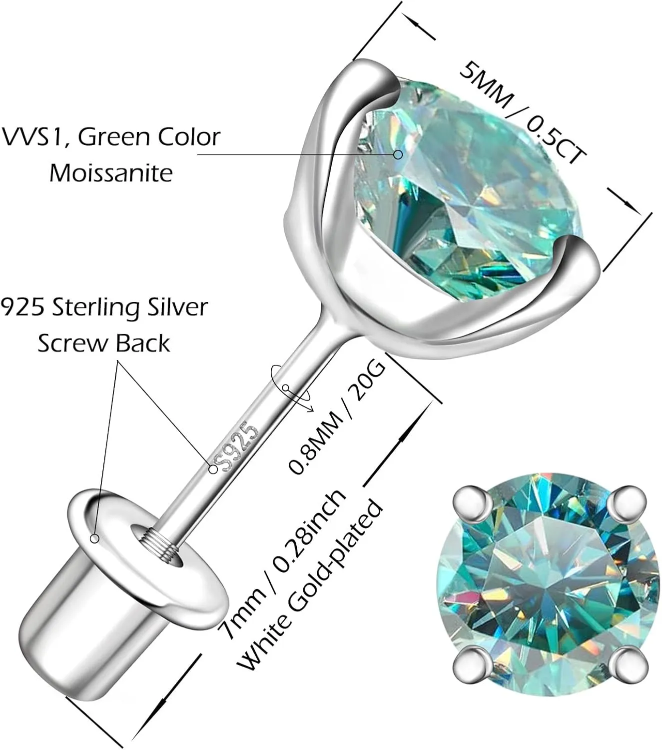 Moissanite Screw Back Earrings Studs - 0.6CT-2CT Moissanite Earrings for Women 925 Sterling Silver Piercing Real Colorful Moissanite Diamond Hypoallergenic Jewelry Ear Stud Gifts