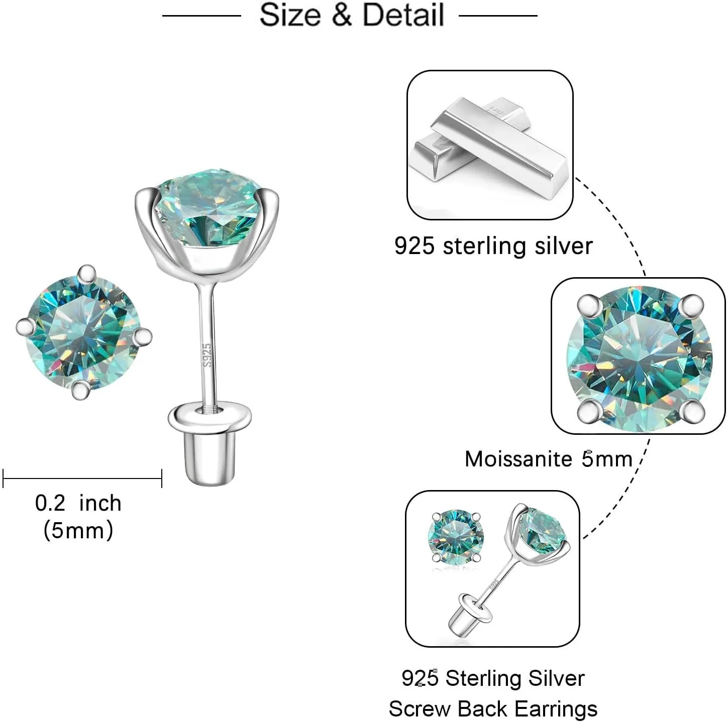 Moissanite Screw Back Earrings Studs - 0.6CT-2CT Moissanite Earrings for Women 925 Sterling Silver Piercing Real Colorful Moissanite Diamond Hypoallergenic Jewelry Ear Stud Gifts