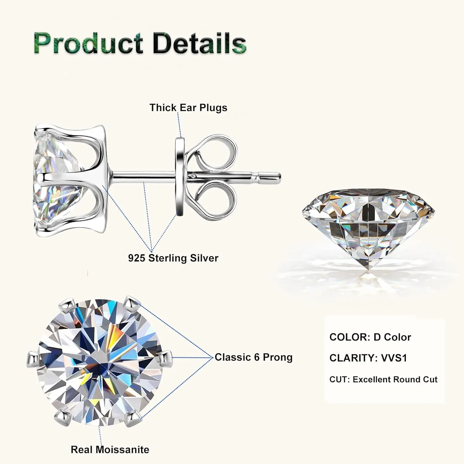 Moissanite Stud Earrings for Women, 0.2-6.0cttw D Color VVS1 Sterling Silver 6 Prong Stud Earring for Women or Men Birthday Gifts