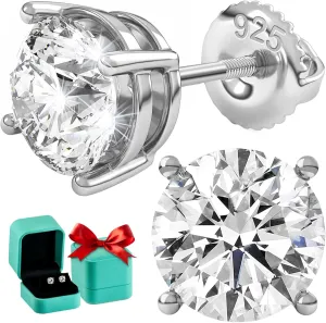 Moissanite Stud Earrings Screw Back - Moissanite Earrings for Men & Women, 925 Sterling Silver, Round, 0.6-3ct