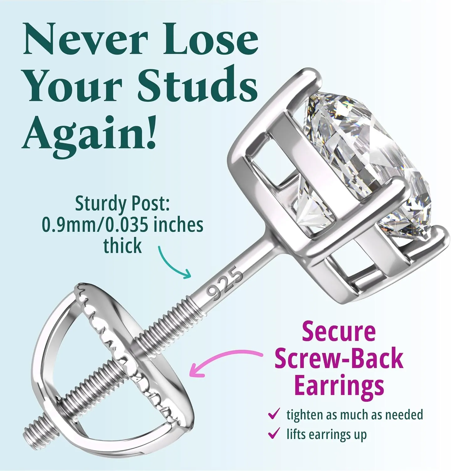 Moissanite Stud Earrings Screw Back - Moissanite Earrings for Men & Women, 925 Sterling Silver, Round, 0.6-3ct