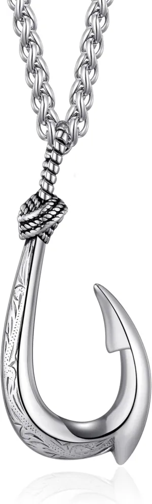 MOO&LEE Fish Hook Necklace for Men Hawaiian Makau Necklace Maui Fish Hook Pendant with 24 Inch Stainless Steel Chain