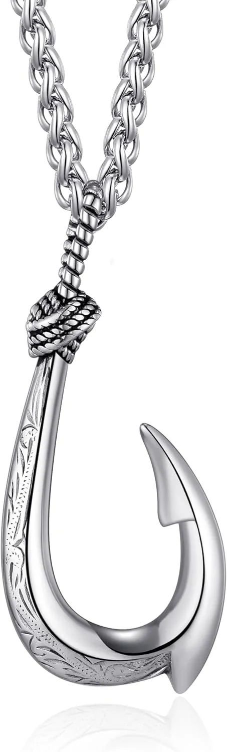 MOO&LEE Fish Hook Necklace for Men Hawaiian Makau Necklace Maui Fish Hook Pendant with 24 Inch Stainless Steel Chain