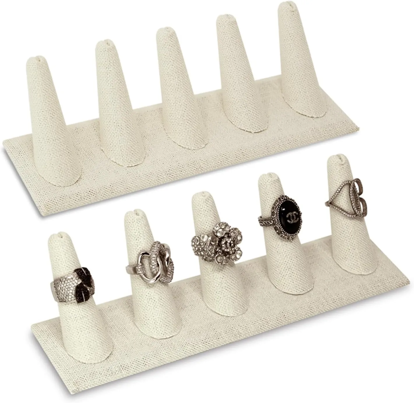 MOOCA 2 Pcs Set Ring Organizer for Showcase Display Drawer 5 Long Ring Storage Holder Jewelry Display Stands Showcase Jewelry Storage Counter, Beige Linen, 8 W x 2 1/8 D x 2 1/2 H in