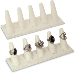 MOOCA 2 Pcs Set Ring Organizer for Showcase Display Drawer 5 Long Ring Storage Holder Jewelry Display Stands Showcase Jewelry Storage Counter, Beige Linen, 8 W x 2 1/8 D x 2 1/2 H in