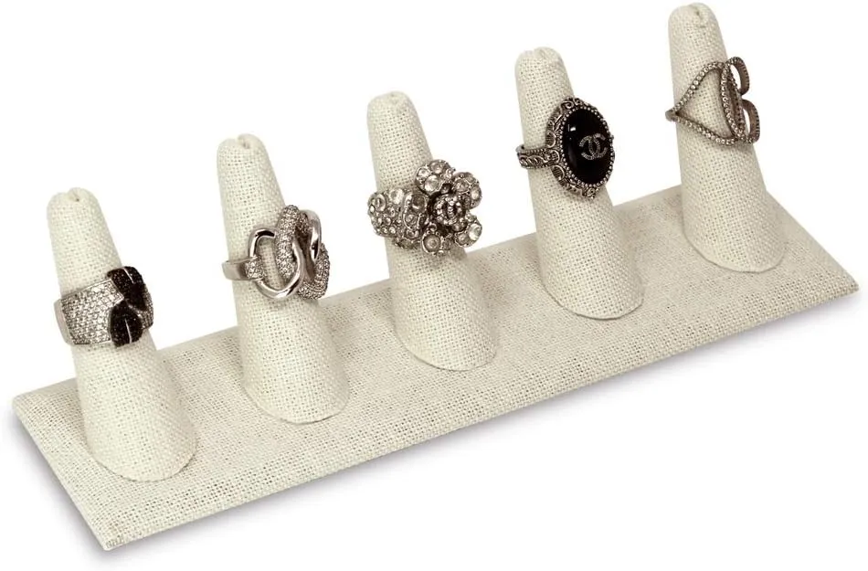 MOOCA 2 Pcs Set Ring Organizer for Showcase Display Drawer 5 Long Ring Storage Holder Jewelry Display Stands Showcase Jewelry Storage Counter, Beige Linen, 8 W x 2 1/8 D x 2 1/2 H in