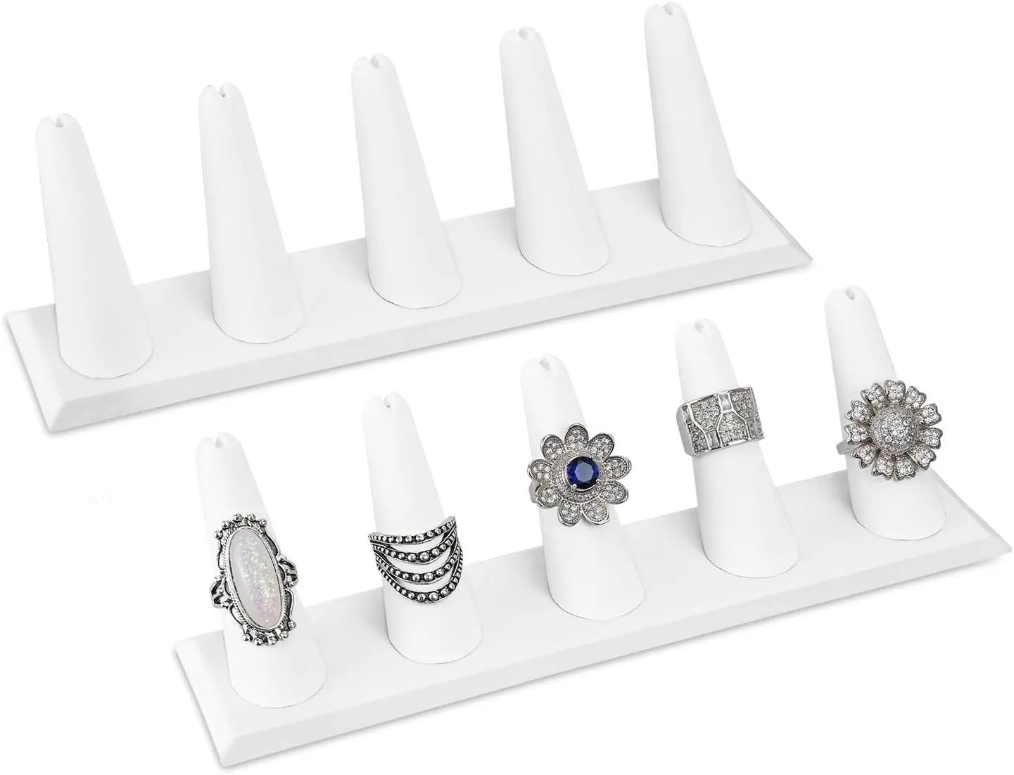 MOOCA 2 Pcs Set Ring Organizer for Showcase Display Drawer 5 Long Ring Storage Holder Jewelry Display Stands Showcase Jewelry Storage Counter, White Leatherette, 8 W x 2 1/8 D x 2 1/2 H in