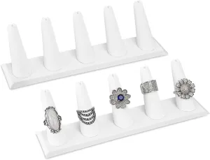 MOOCA 2 Pcs Set Ring Organizer for Showcase Display Drawer 5 Long Ring Storage Holder Jewelry Display Stands Showcase Jewelry Storage Counter, White Leatherette, 8 W x 2 1/8 D x 2 1/2 H in