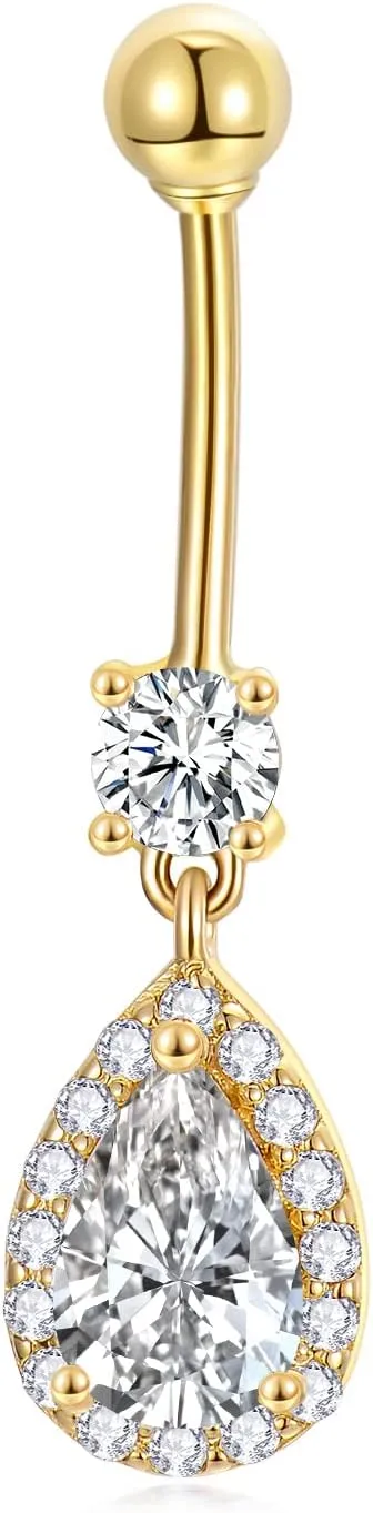 MRENITE 14K Gold CZ Dangle Belly Button Rings for Women 16G Heart/Teardrop/Sun Navel Rings Belly Piercing Jewelry Gift (Pear CZ)