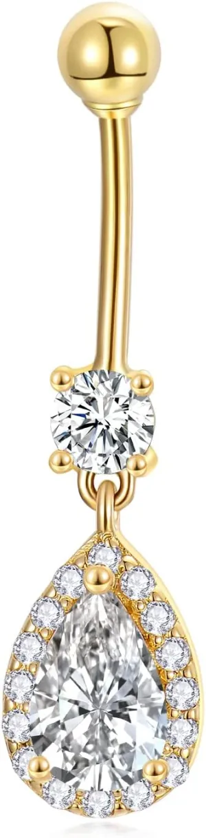 MRENITE 14K Gold CZ Dangle Belly Button Rings for Women 16G Heart/Teardrop/Sun Navel Rings Belly Piercing Jewelry Gift (Pear CZ)