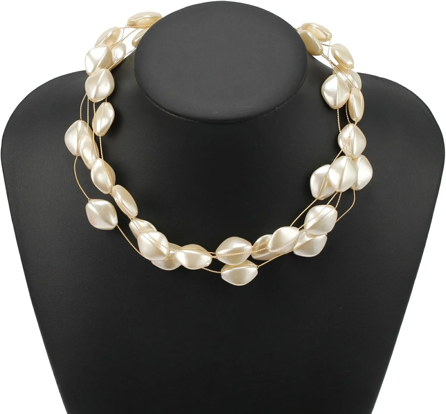 Multi Layer Strands Bib Simulated Pearl Necklace for Women Chunky Statement Bead Gold Color Chain Choker Collar Necklace Jewelry
