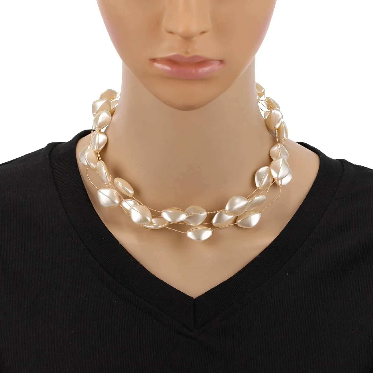 Multi Layer Strands Bib Simulated Pearl Necklace for Women Chunky Statement Bead Gold Color Chain Choker Collar Necklace Jewelry