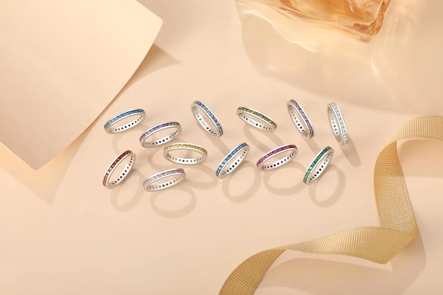 Muses Art Design Sterling Silver 925 CZ Birthstone Eternity Ring (Channel Set/Full Round), Stackable Wedding Engagement Ring