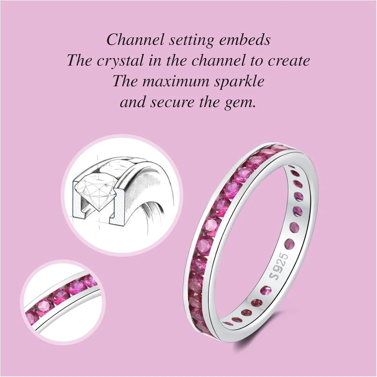 Muses Art Design Sterling Silver 925 CZ Birthstone Eternity Ring (Channel Set/Full Round), Stackable Wedding Engagement Ring