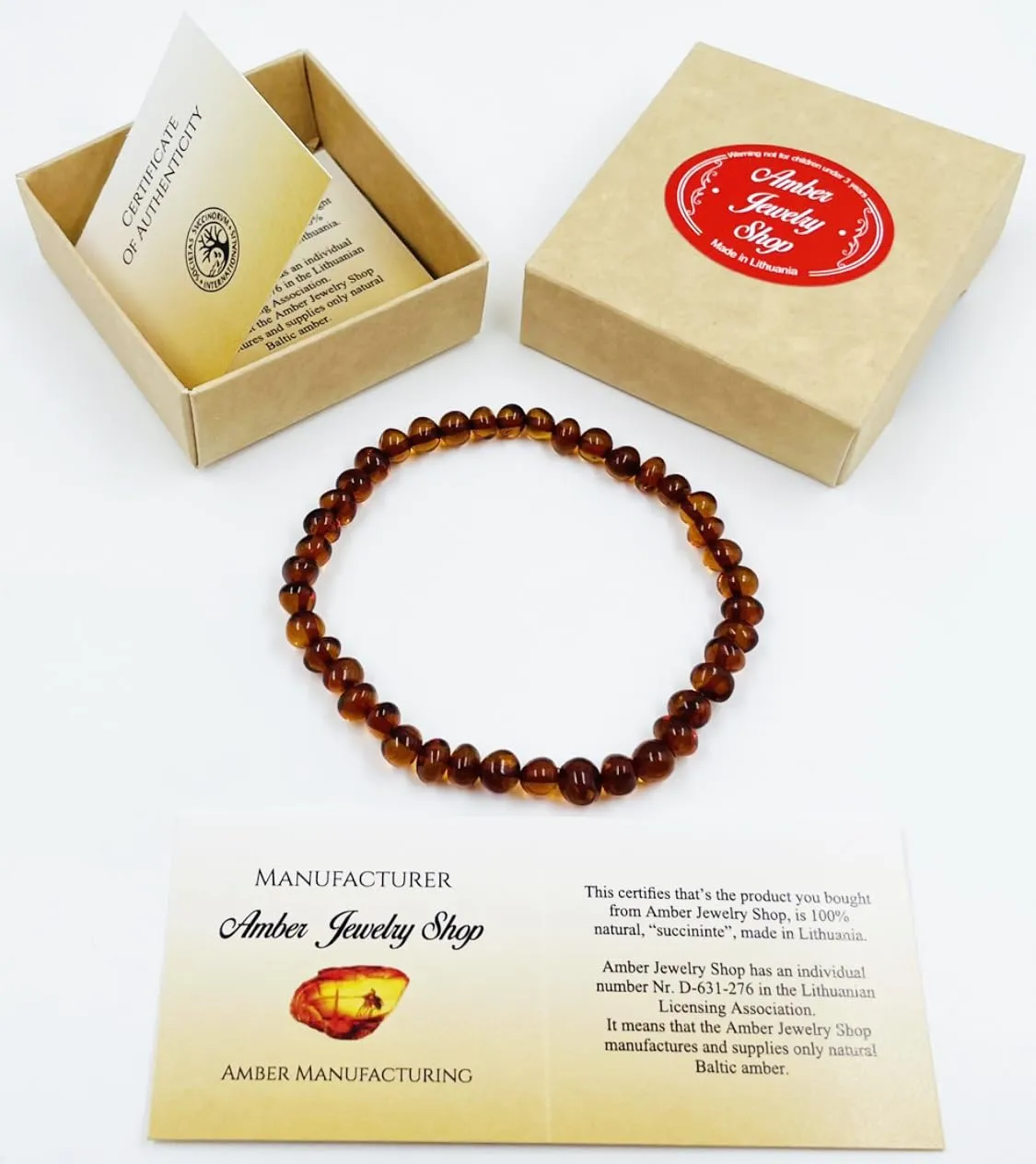 Natural Baltic Amber Bracelet For Adults (Unisex) - Hand made From Genuine Amber Beads (Cognac)