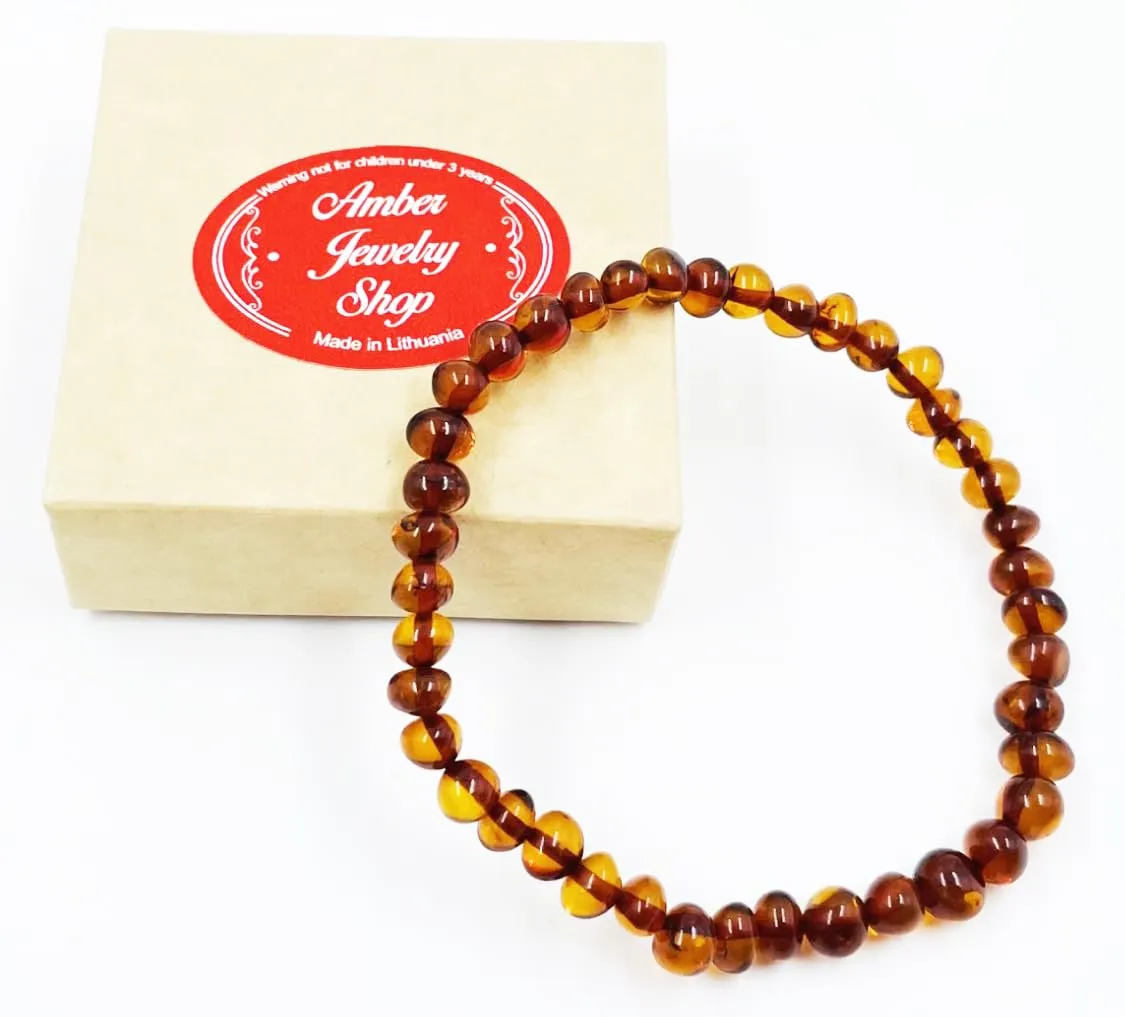 Natural Baltic Amber Bracelet For Adults (Unisex) - Hand made From Genuine Amber Beads (Cognac)