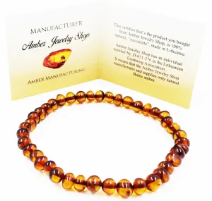 Natural Baltic Amber Bracelet For Adults (Unisex) - Hand made From Genuine Amber Beads (Cognac)