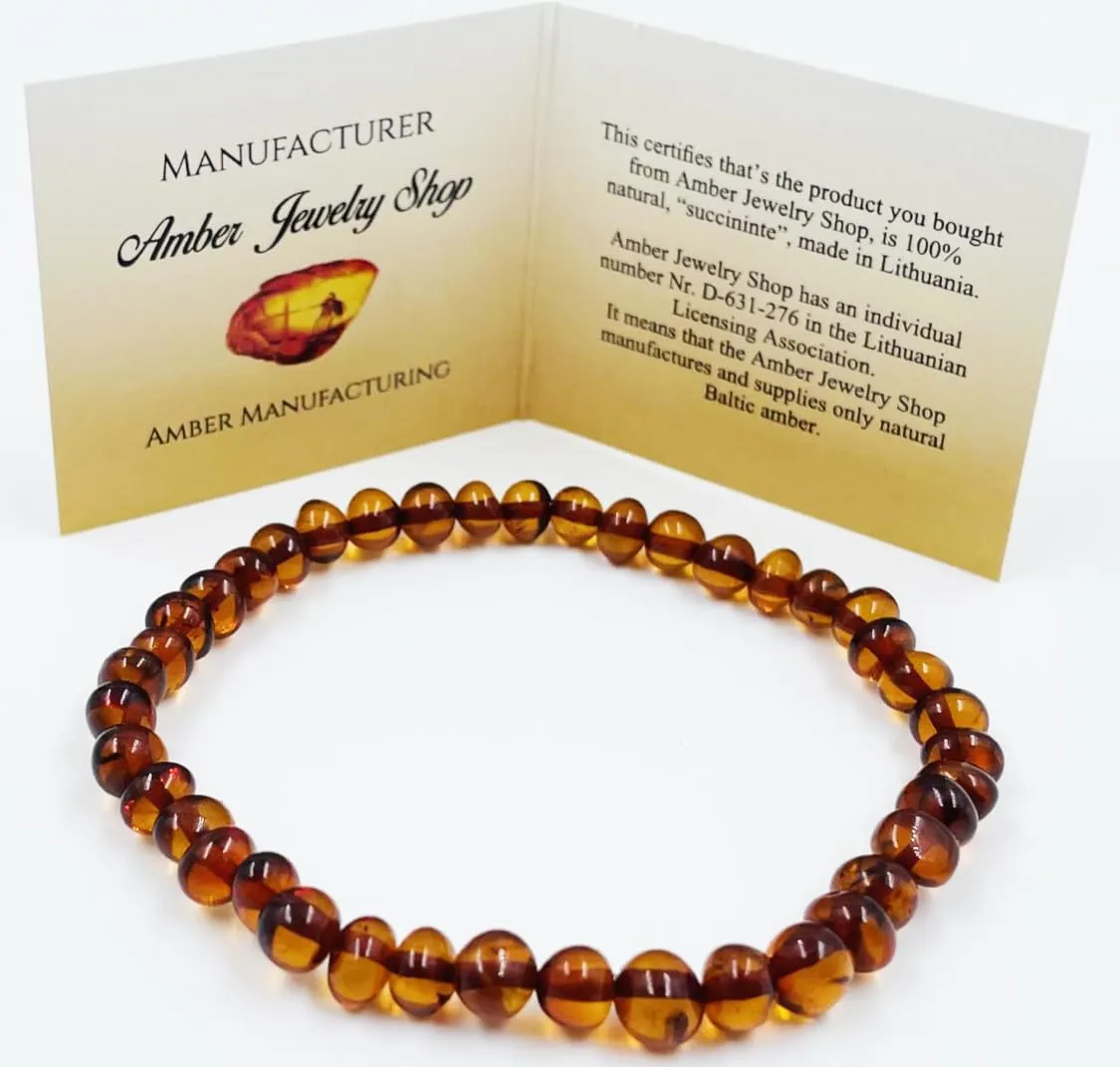 Natural Baltic Amber Bracelet For Adults (Unisex) - Hand made From Genuine Amber Beads (Cognac)