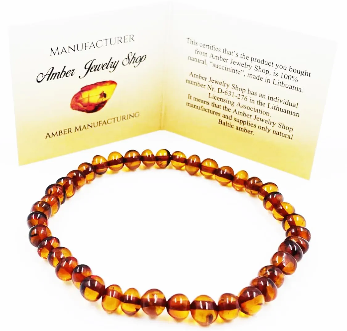 Natural Baltic Amber Bracelet For Adults (Unisex) - Hand made From Genuine Amber Beads (Cognac)