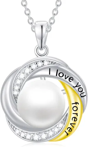 Nature Diamond "I Love You" Pearl Necklaces for Women Sterling Silver, Anniversary Present for Wife, Birthday Jewelry Gifts for Her (0.12 ct, 10 mm Freshwater Cultured) 18-20 Inch