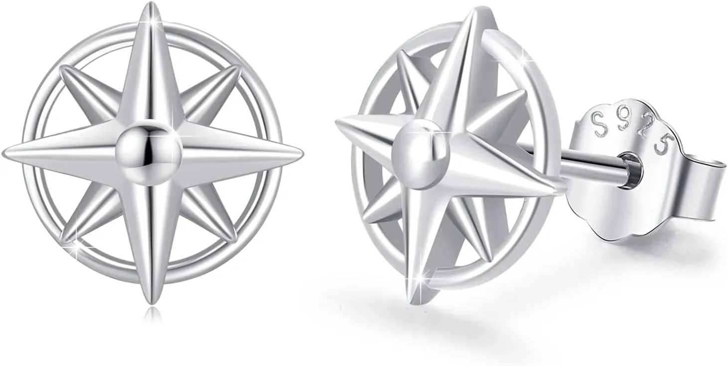 Nautical Sterling Silver Anchor/Compass/Rudder Stud Earrings - Oceans Sailor Jewelry Gifts for Women & Friends
