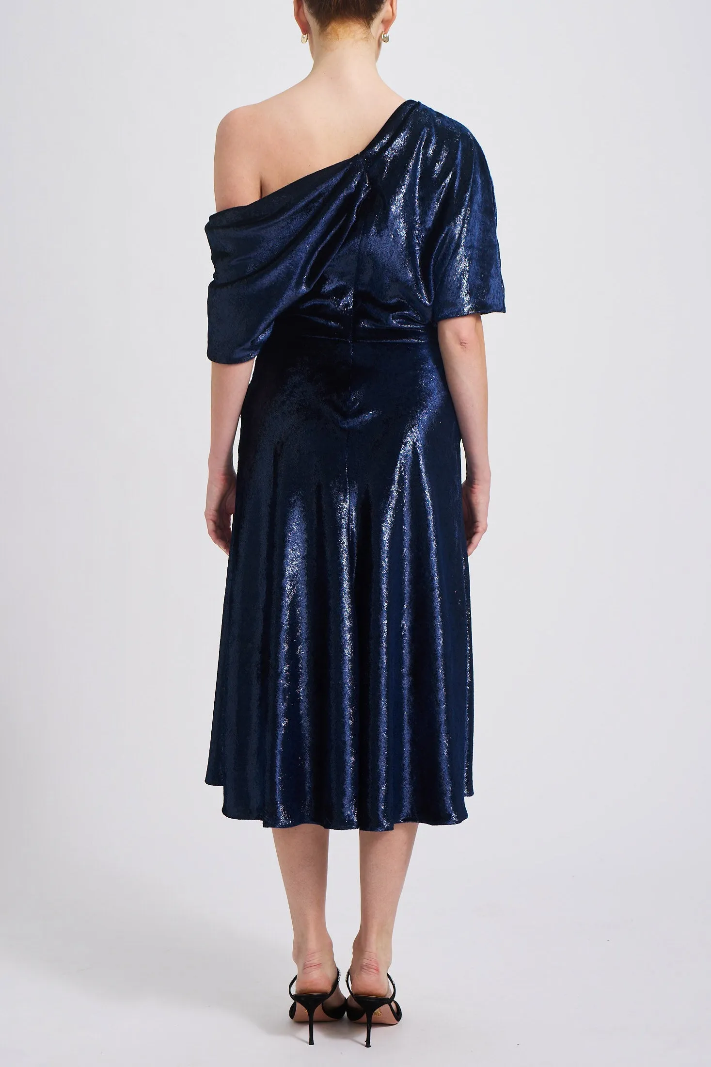 Navy Lam Draped Cocktail Dress