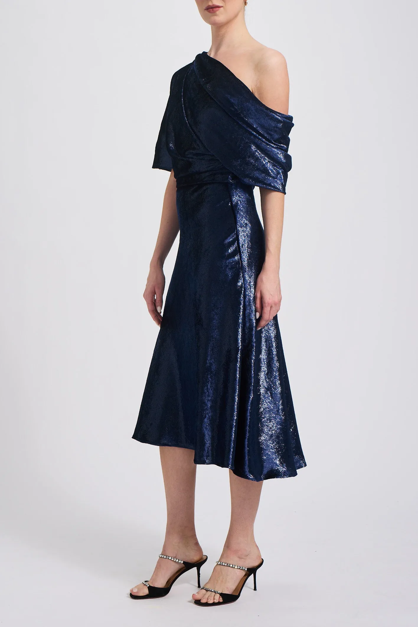Navy Lam Draped Cocktail Dress
