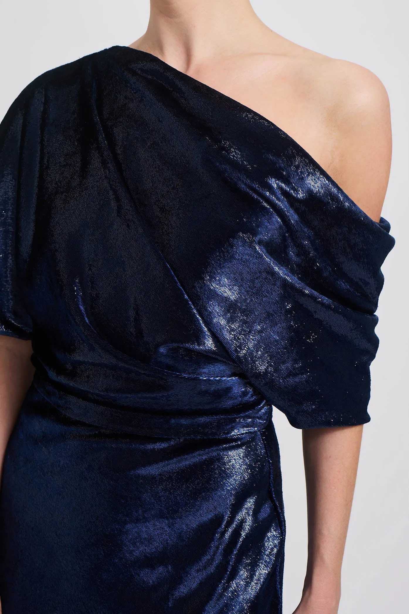 Navy Lam Draped Cocktail Dress