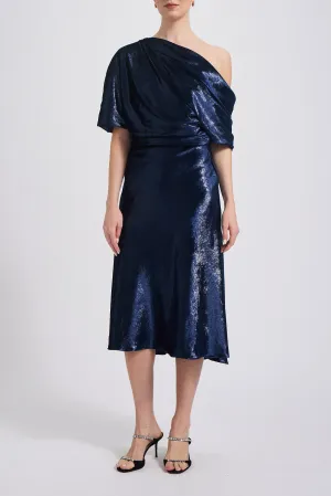 Navy Lam Draped Cocktail Dress