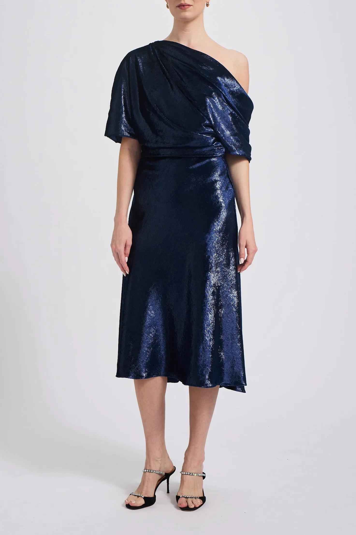 Navy Lam Draped Cocktail Dress